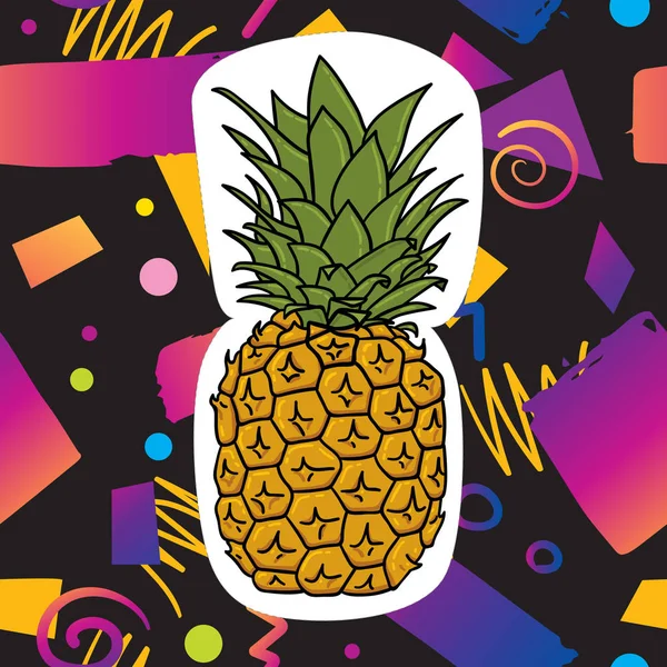 矢量几何新潮元素图案 带有粗体亮紫色紫色卡设计模板 八十年代 九十年代复古时尚设计与滑稽的菠萝 — 图库矢量图片