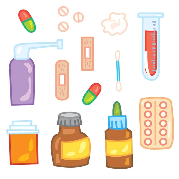 Vektor Illustration Von Bunten Aufklebern Für Medizinische Drucke Medikamentenset — Stockvektor