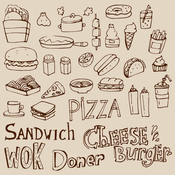 Vektor Doodle Illustration Des Gemusterten Hintergrundes Mit Fast Food Produkten — Stockvektor
