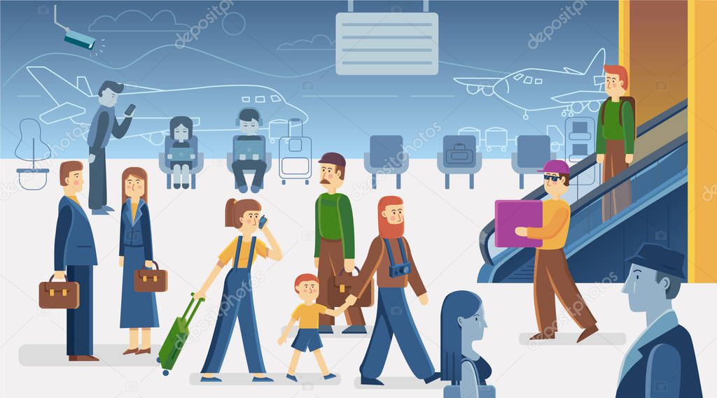 Colorful vector illustration of traveling walking people in airport building