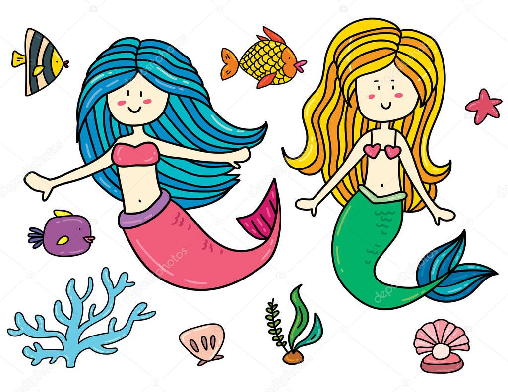 Colorful illustration of childish stickers for print. Vector mermaids stickers set 