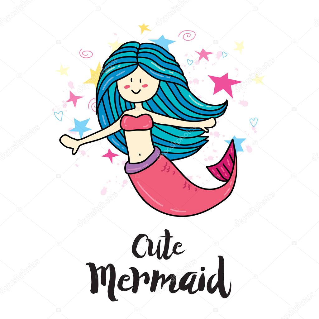Colorful illustration of childish sticker for print. Vector mermaid sticker 