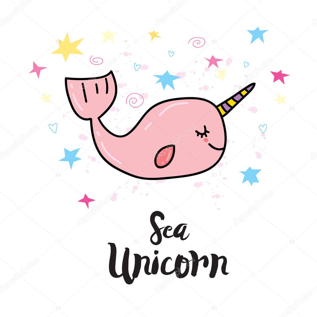 Colorful illustration of childish sticker for print. Vector whale-unicorn sticker 