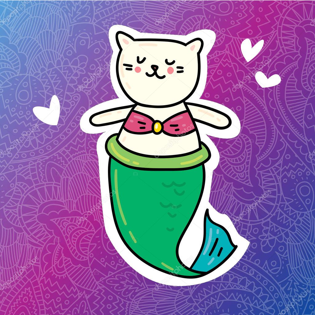 Colorful illustration of childish sticker for print. Vector cat-mermaid sticker 