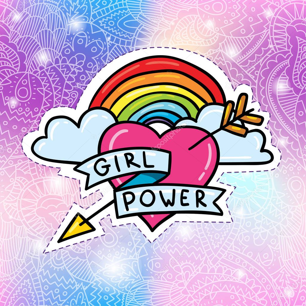 Colorful illustration of childish sticker for print. Vector girl power heart sticker 