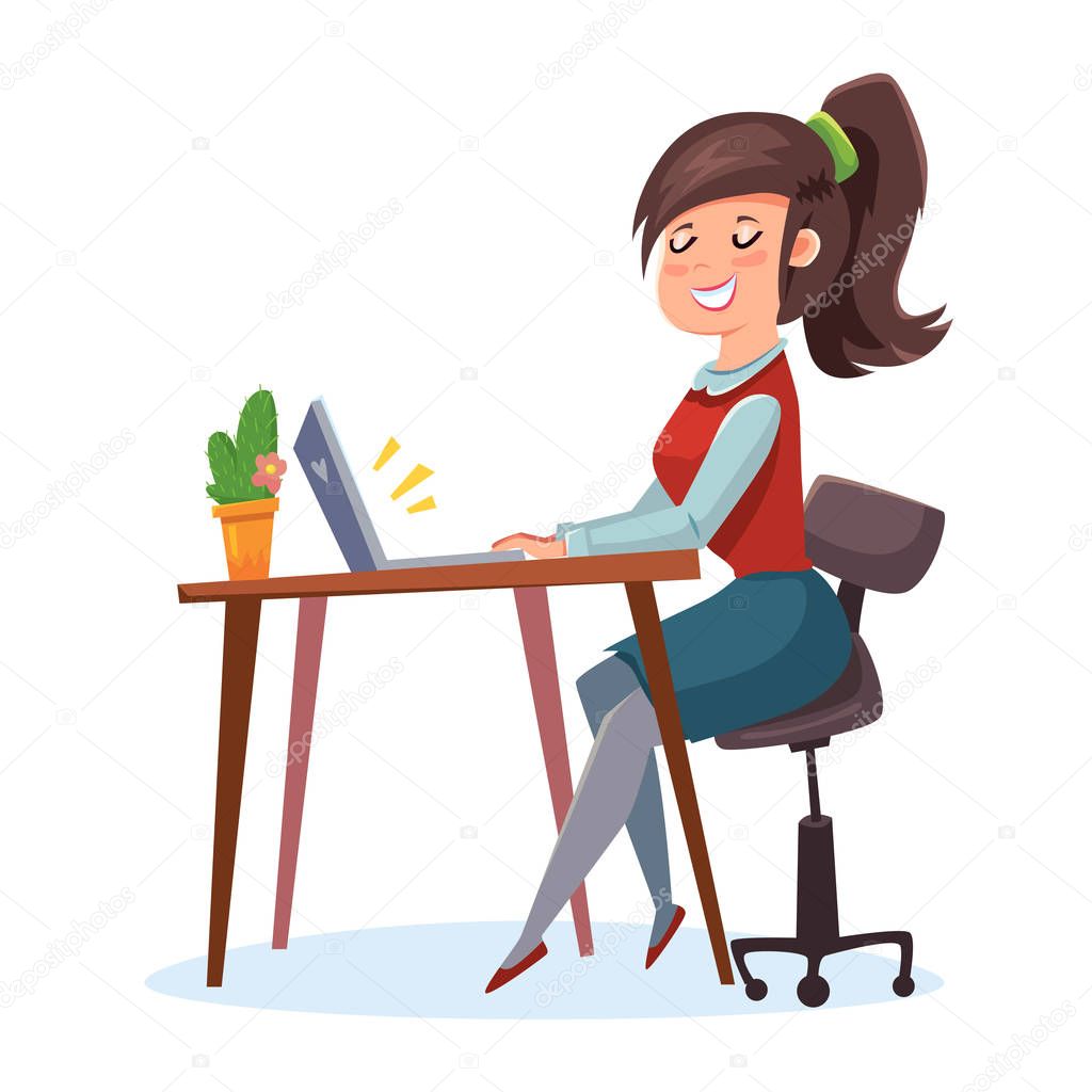 Vector character cartoon comic style illustration of office worker girl sitting in front of the working table desk with notebook laptop computer browsing and working at the Internet  
