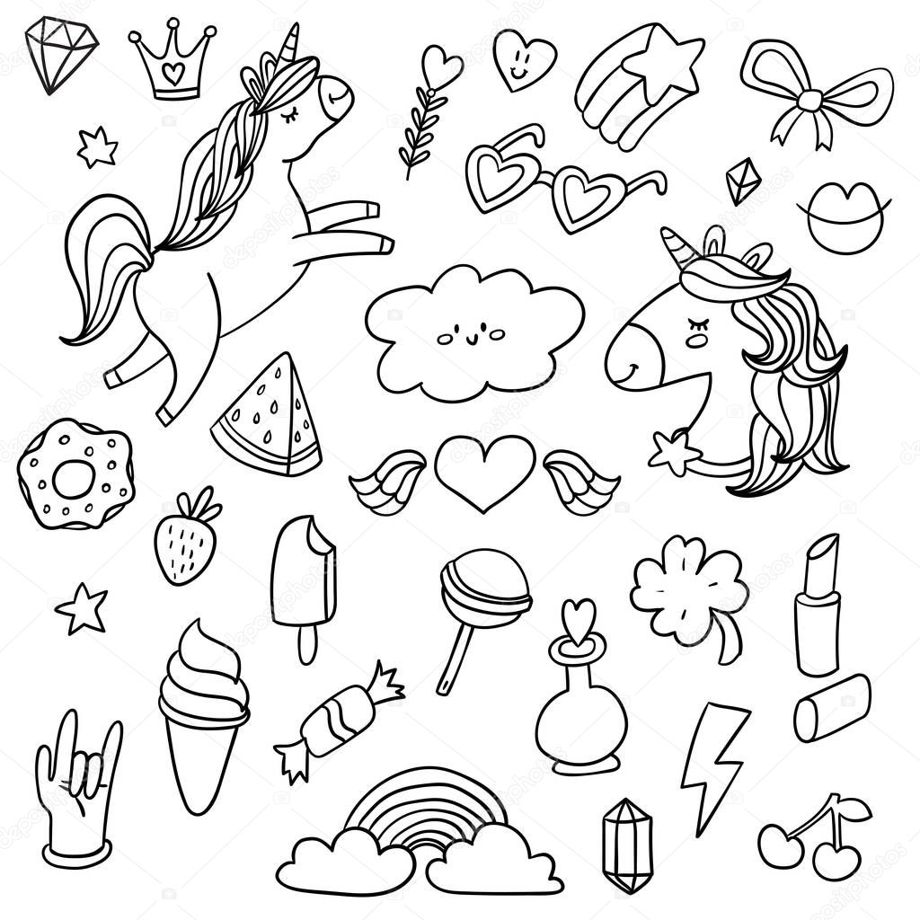 Cute sketch doodle style stickers set. Vector illustration of pattern background. Coloring page design elements