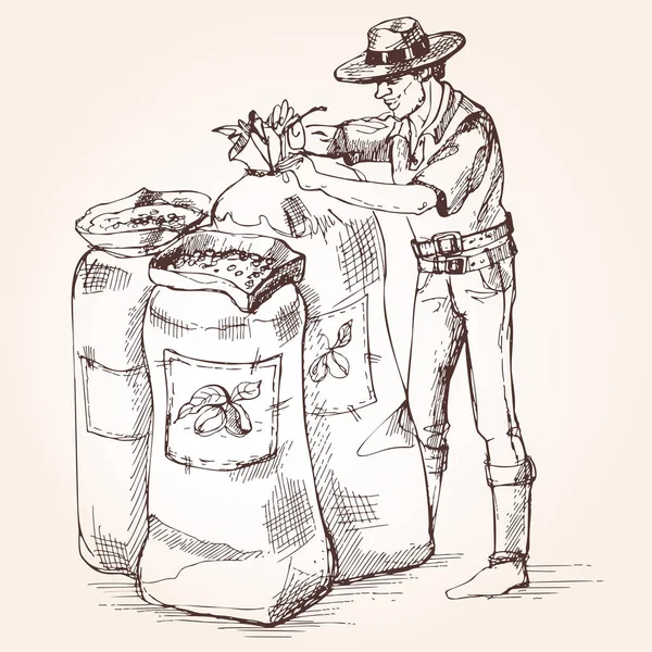 Trabajador ata una bolsa de granos de café . — Archivo Imágenes Vectoriales