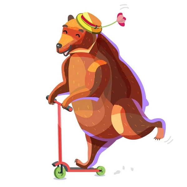 Urso de circo em contrapesos de chapéu em uma perna em chute scooter . — Vetor de Stock