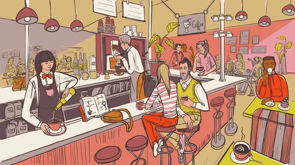 Кафе "Інтер'єр" і люди. Бариста и друзья говорят в баре. Візуальне зображення в стилі ескізного кольору. — стоковий вектор