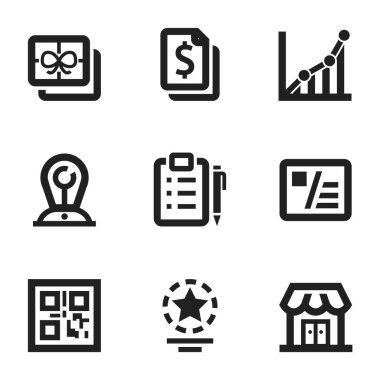 Alışveriş, iş, e-ticaret simgeleri. Beyaz arkaplanda simgeler.