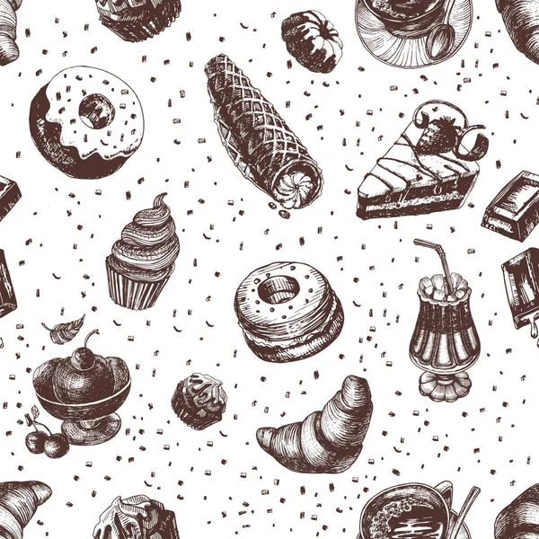 Bezproblémový vzor sladkého jídla a nápojů. Ručně kreslené prvky na bílém pozadí ve stylu vintage. — Stockový vektor