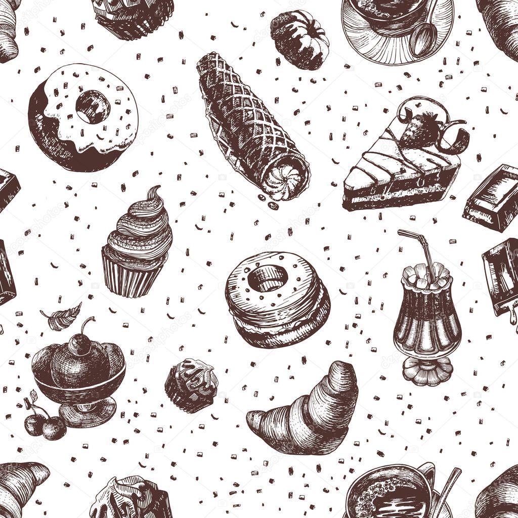 Seamless pattern of sweet food and drinks. Hand-drawn elements on white background in vintage style.