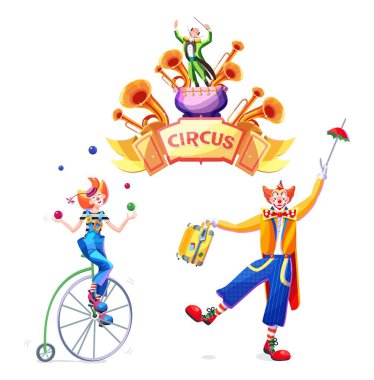 Circus set of character, including juggler, clown and entertainer. Illustration in cartoon style. clipart