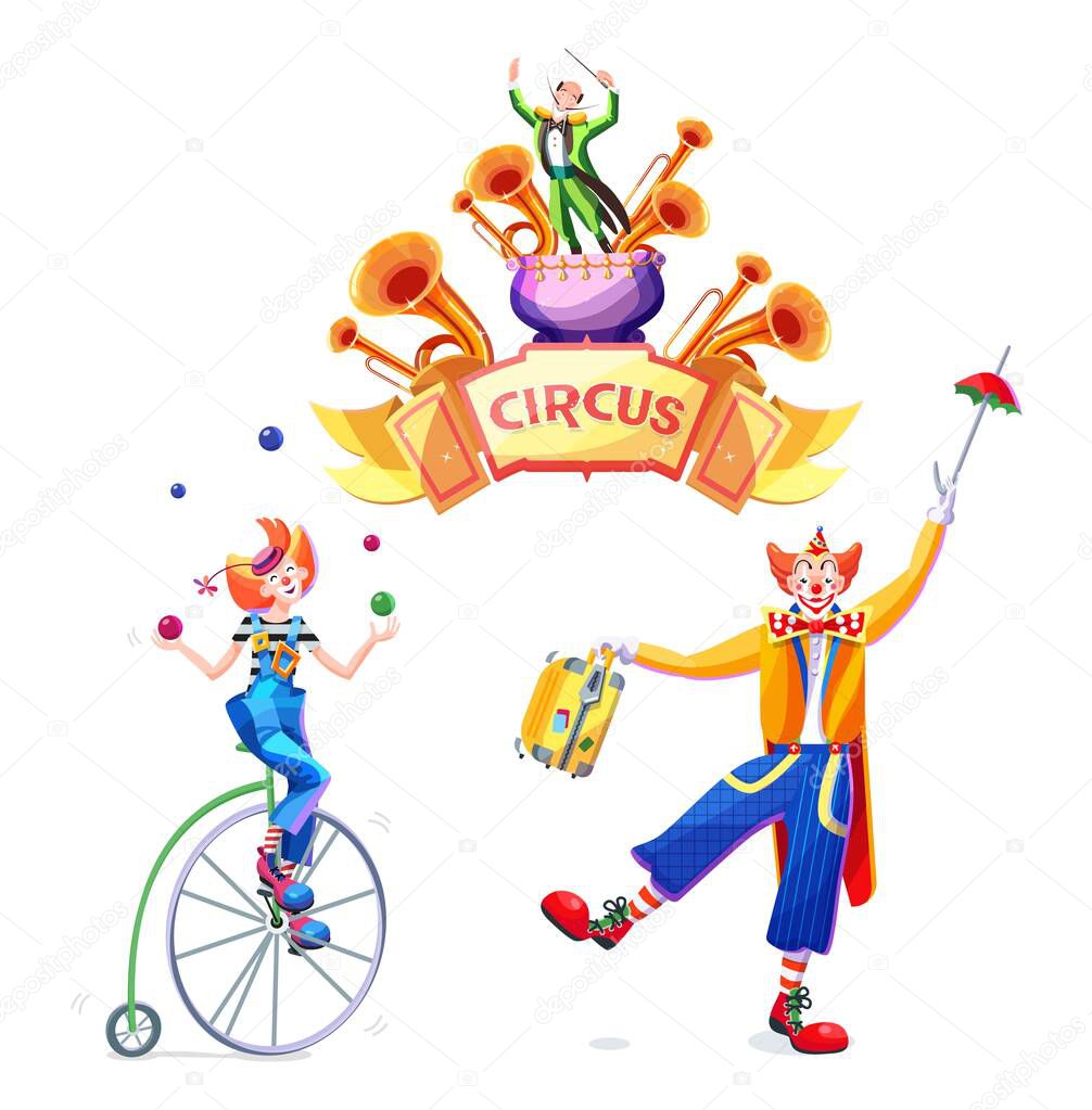 Circus set of character, including juggler, clown and entertainer. Illustration in cartoon style.