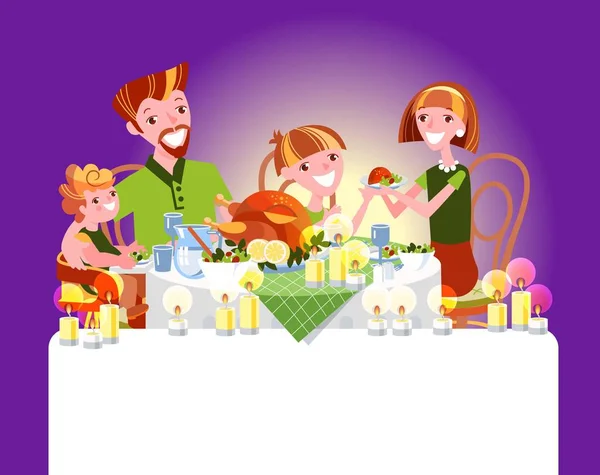 Family dinner. Happy people celebrate Thanksgiving day or Christmas at home. Vector illustration in cartoon style
