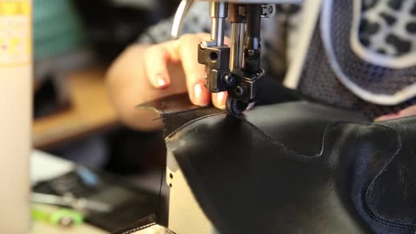 Shoemaker Sews Boots Footwear Production — Stock Video
