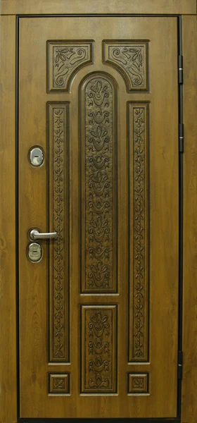 entrance door, decorated with wood, front view