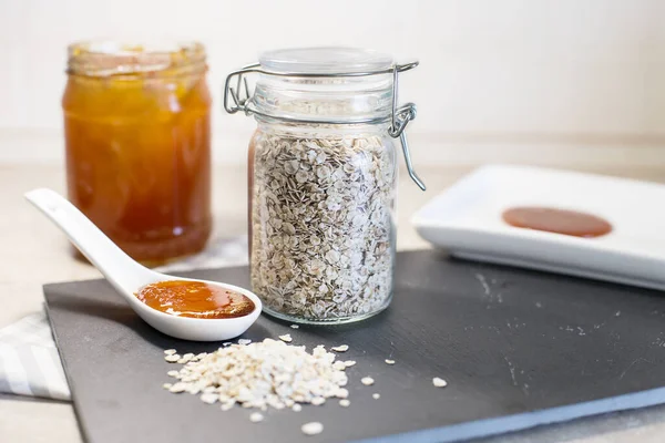 honey and oat flakes, natural ingredients for face mask, home beauty concepts