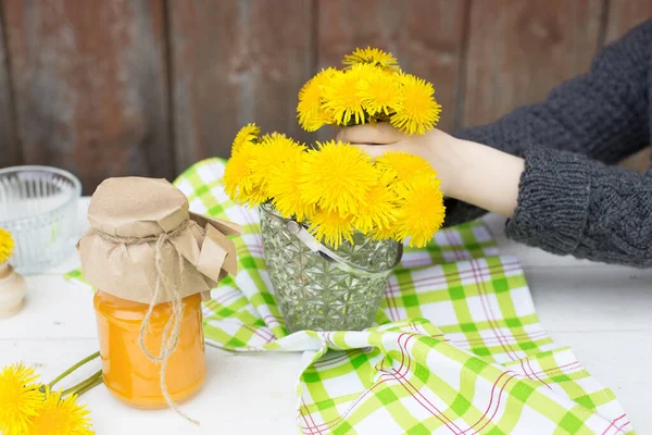 Child Helps Collect Dandelion Flowers Prepare Healing Dessert Jam Honey — Stock Photo, Image