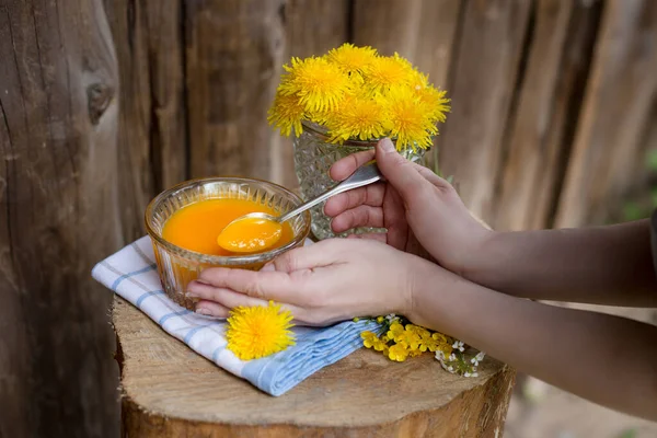 Cooked Jam Honey Dandelions Glass Bowl Dandelion Jam Stock Picture