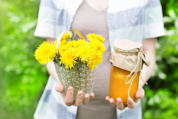 Happy Woman Collects Dandelions Cooking Dandelion Jam Medicine Healthy Food — Stock Photo, Image