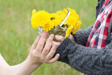 Annesiyle mutlu bir çocuk annesiyle karahindiba reçeli pişirmek için karahindiba topluyor. İlaç, sağlıklı yiyecekler, doğanın sağlık faydaları..