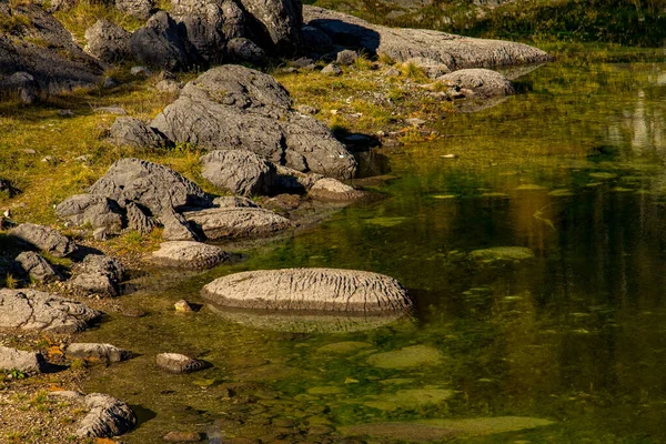Rocks and green algae in mountain lake, Seven Lakes Valley