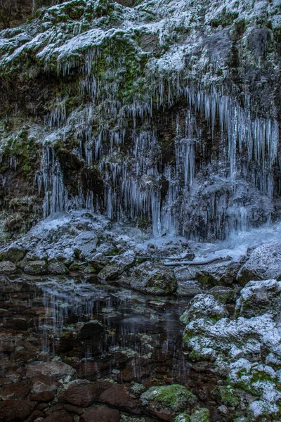 Yosun Buz Saçaklarıyla Kaplı Kaya Duvarı Bohinj — Stok fotoğraf