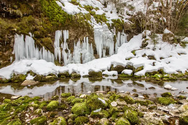 Rocas Cubiertas Musgo Con Pared Carámbano Bohinj — Foto de Stock