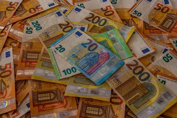 100 200 Євро Банкноти Банкнотами Задньому Плані — стокове фото