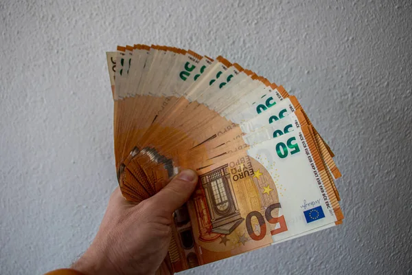 Paquete Billetes Euros Mano —  Fotos de Stock