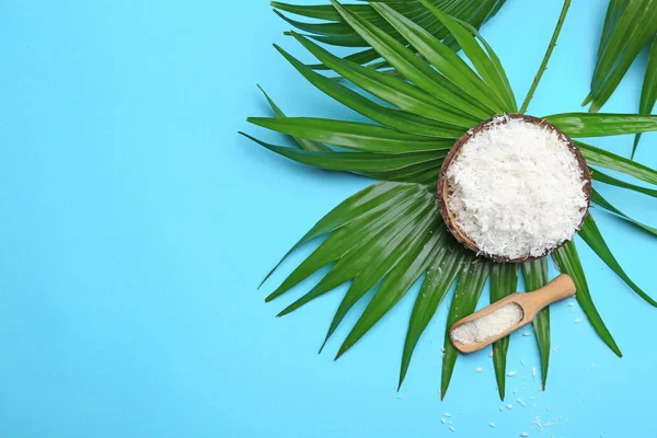 Композиція з кокосовими пластівцями і пальмовим листом на кольоровому фоні, вид зверху — стокове фото