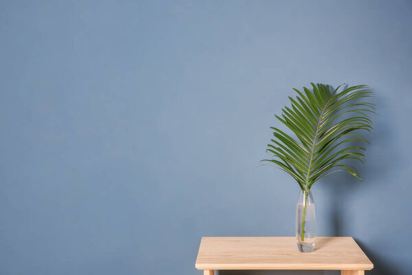 Tropical leaf in glass vase on table indoors. Idea for modern stylish interior