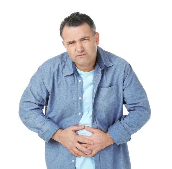 Man suffering from abdominal pain on white background — Stock Photo, Image