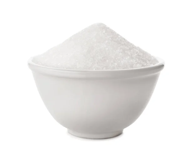 Ciotola di ceramica con zucchero puro su sfondo bianco — Foto Stock