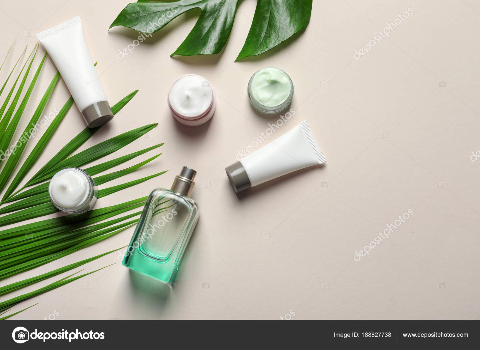 Different skin care cosmetic products with green leaves on light background,  top view Stock Photo by ©NewAfrica 188827738