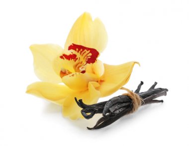 Vanilya çubukları ve beyaz arka plan üzerinde çiçek