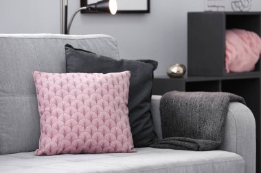 Oturma odasında yastıkları olan rahat bir kanepe.