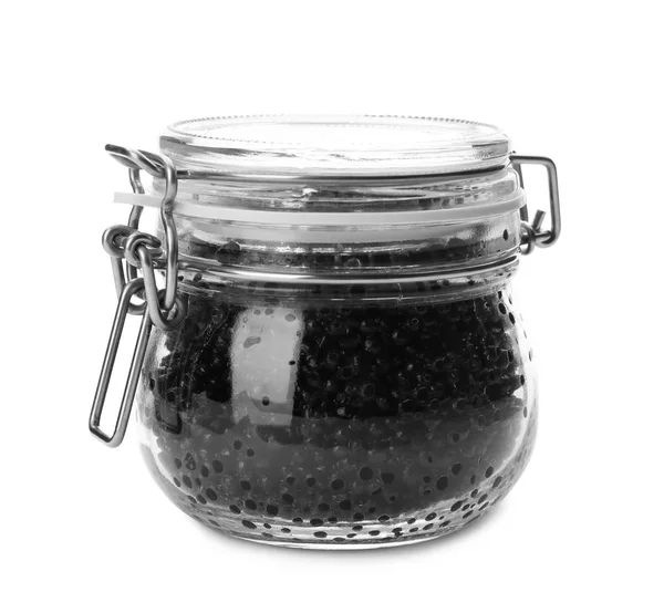 Glass jar with black caviar on white background — Stock Photo, Image