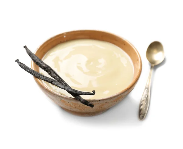 Vanilla pudding and sticks on white background — Stock Photo, Image