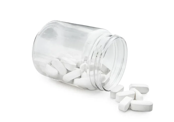 Container with pills on white background — Stock Photo, Image