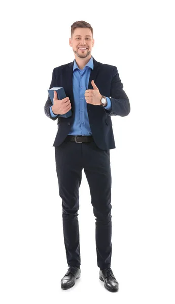 Profesor masculino con libro sobre fondo blanco — Foto de Stock