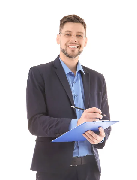 Retrato de profesor masculino con portapapeles sobre fondo blanco —  Fotos de Stock