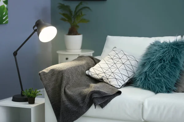 Oturma odasında yastıkları olan rahat bir kanepe. — Stok fotoğraf