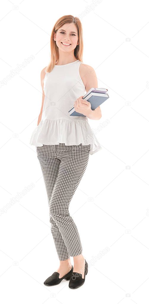 Female teacher with books on white background