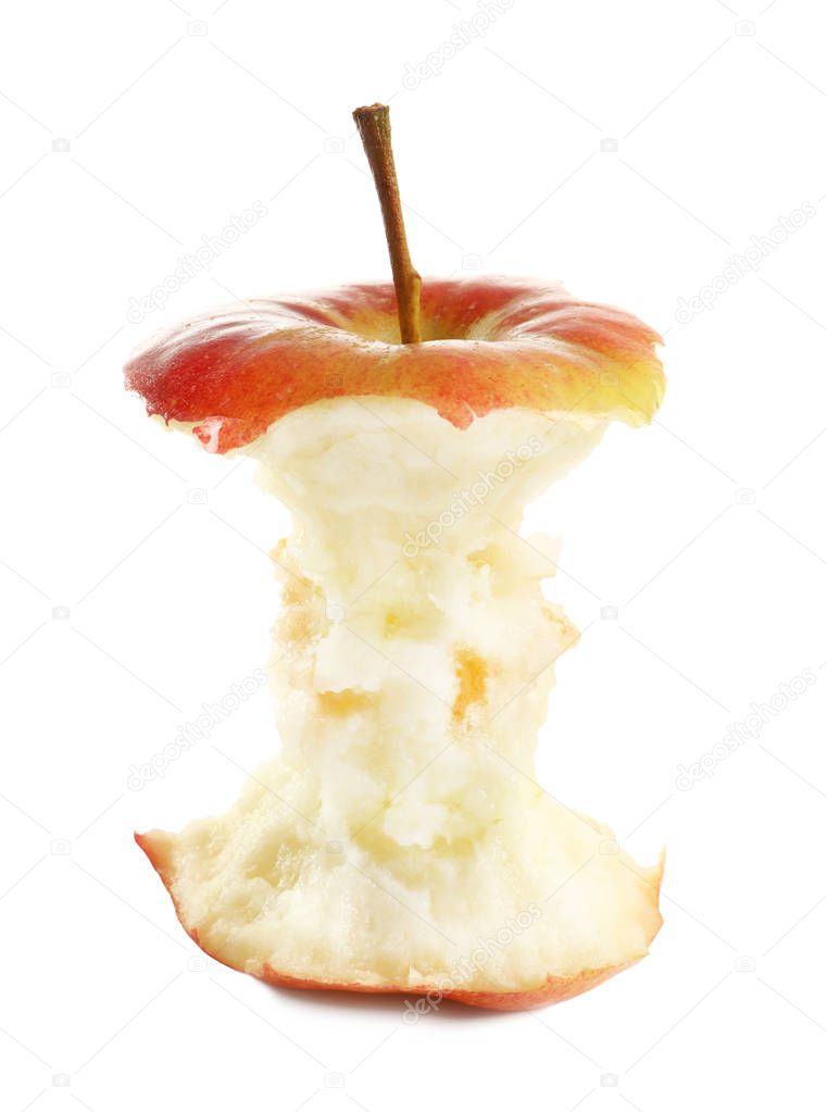 Half-eaten red apple on white background