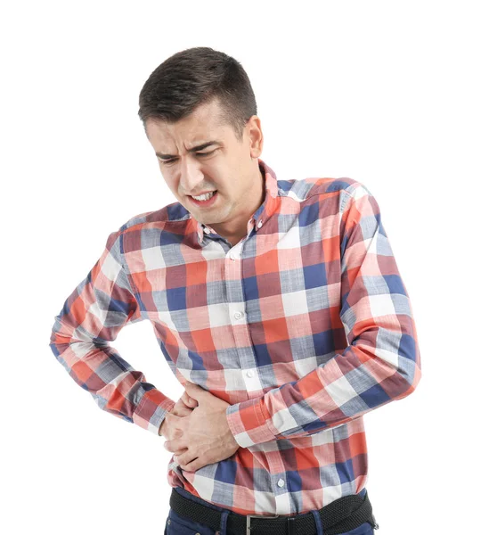 Man suffering from flank pain on white background — Stock Photo, Image