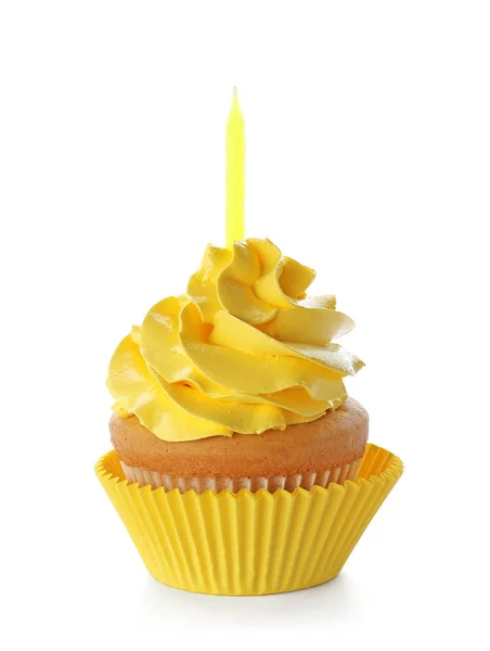 Verjaardag cupcake met kaars op witte achtergrond — Stockfoto