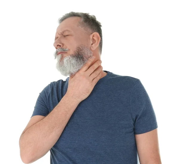 Man suffering from throat pain on white background — Stock Photo, Image